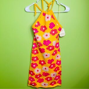 Altar'd State Floral Halter Knit Dress Size Medium Yellow Pink Retro NWT
